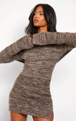 Tall Brown Knitted Bardot Long Sleeve Top