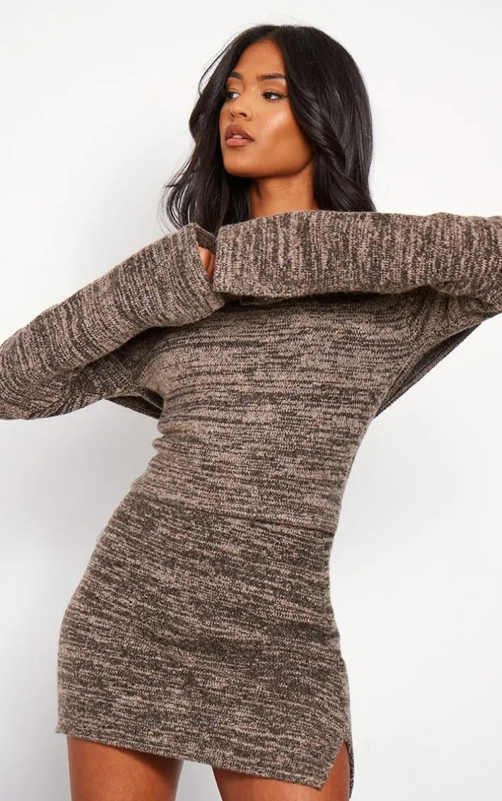 Tall Brown Knitted Bardot Long Sleeve Top