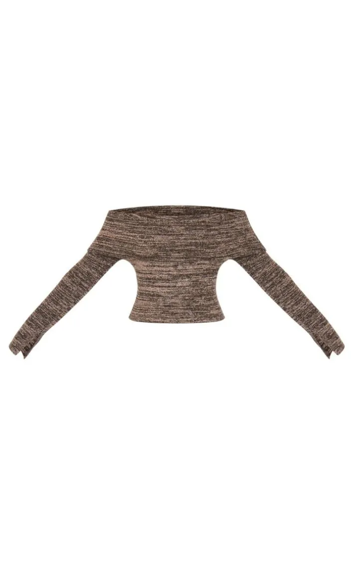 Tall Brown Knitted Bardot Long Sleeve Top