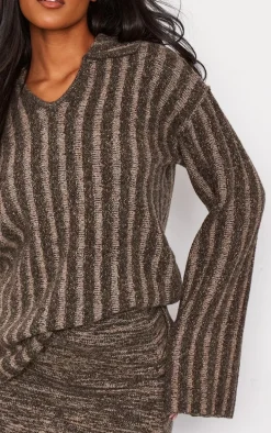 Tall Brown Knitted Rib Detail V Neck Sweater