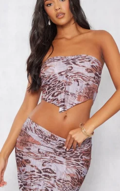 Tall Brown Leopard Print Plisse Ruched Front Crop Top