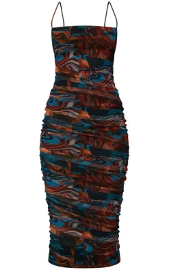 Tall Brown Marble Mesh Ruched Midi Dress