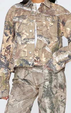 Tall Brown Multi Printed Denim Jacket