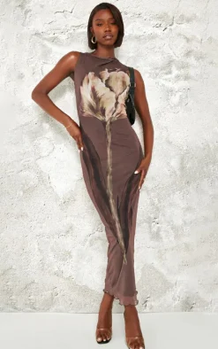 Tall Brown Printed Mesh Floral Print Midaxi Dress