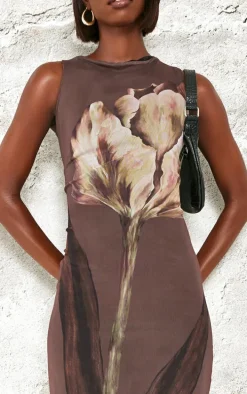 Tall Brown Printed Mesh Floral Print Midaxi Dress