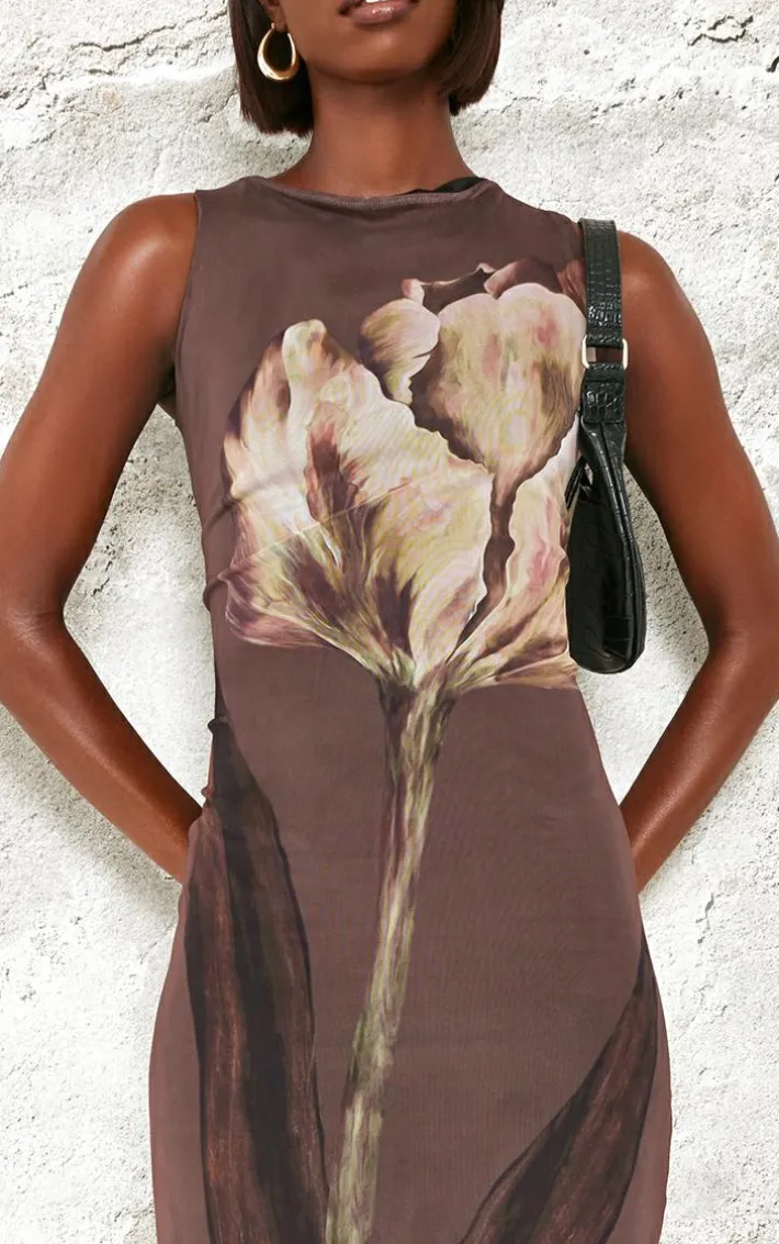 Tall Brown Printed Mesh Floral Print Midaxi Dress
