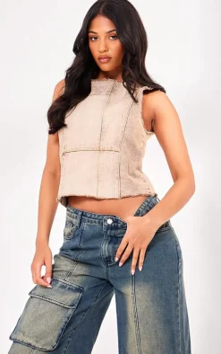 Tall Brown Wash Patchwork Detail Denim Vest