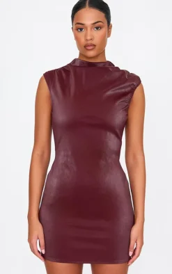 Tall Burgundy Faux Leather Ruched Detail Mini Dress