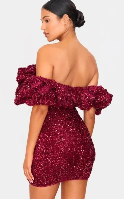 Tall Burgundy Velvet Sequin Extreme Ruffle Mini Dress