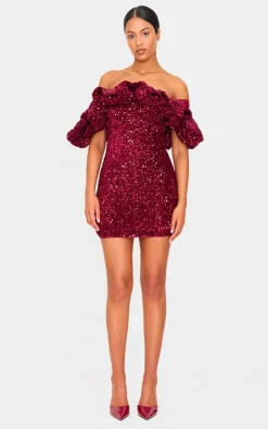 Tall Burgundy Velvet Sequin Extreme Ruffle Mini Dress