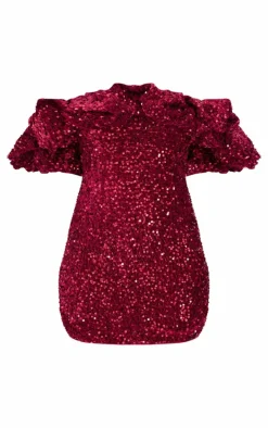 Tall Burgundy Velvet Sequin Extreme Ruffle Mini Dress