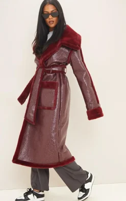 Tall Burgundy Vinyl Contrast Faux Fur Midi Coat