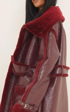 Tall Burgundy Vinyl Contrast Faux Fur Midi Coat