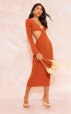 Tall Burnt Orange Bobble Knit Long Sleeve Cut Out Midaxi Dress