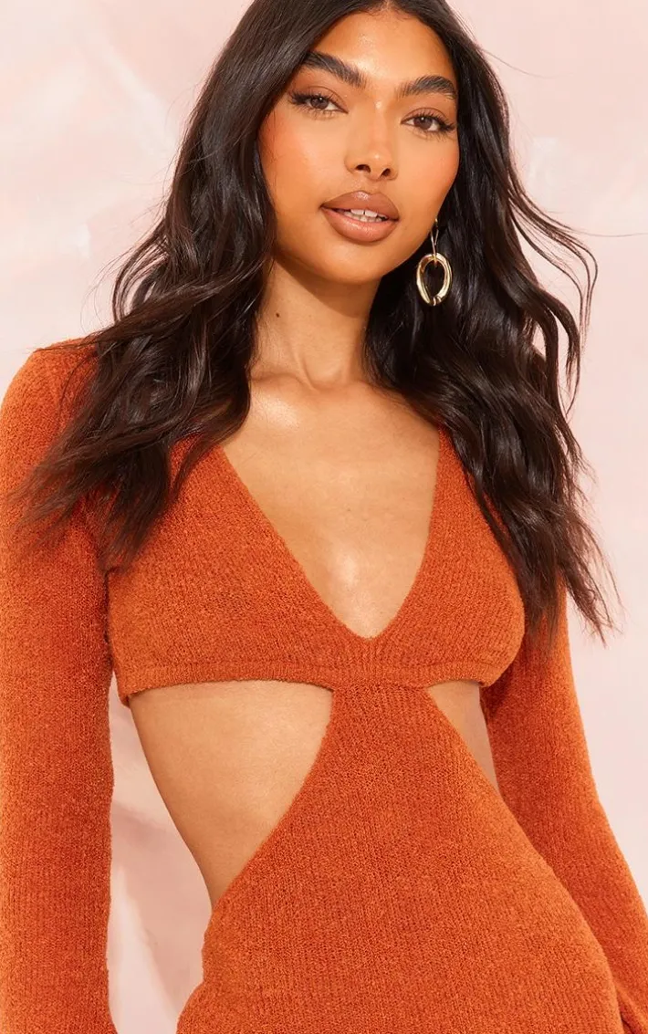 Tall Burnt Orange Bobble Knit Long Sleeve Cut Out Midaxi Dress