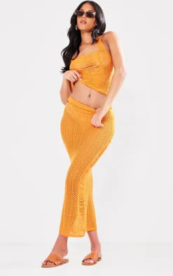 Tall Burnt Orange Open Knit Distressed Detail Midi Skirt