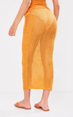 Tall Burnt Orange Open Knit Distressed Detail Midi Skirt
