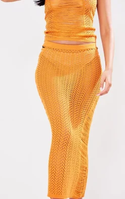 Tall Burnt Orange Open Knit Distressed Detail Midi Skirt