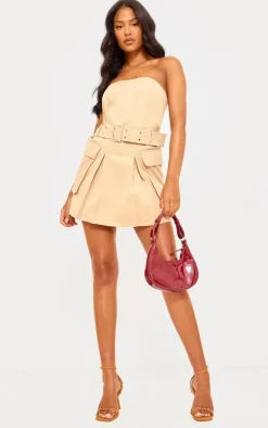 Tall Camel Tailored Pocket Belted Bandeau Bodycon Dress