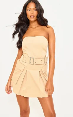 Tall Camel Tailored Pocket Belted Bandeau Bodycon Dress