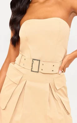Tall Camel Tailored Pocket Belted Bandeau Bodycon Dress