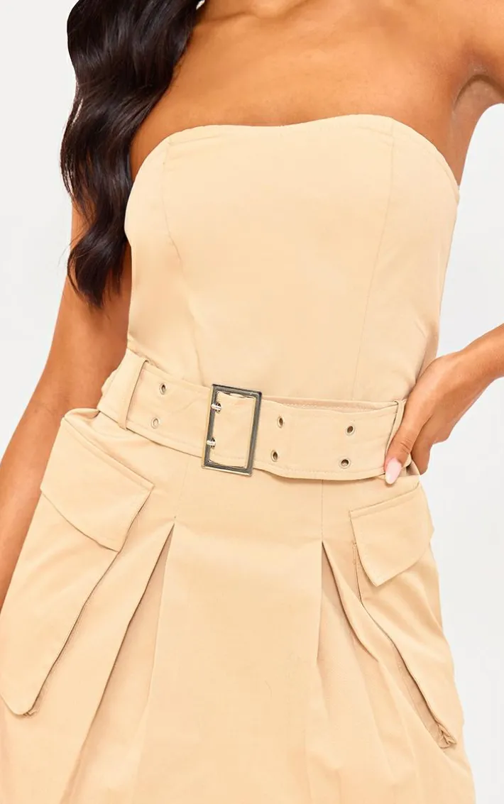 Tall Camel Tailored Pocket Belted Bandeau Bodycon Dress