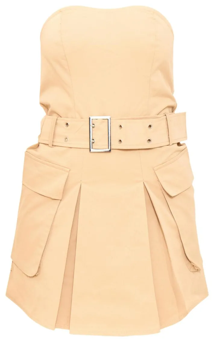 Tall Camel Tailored Pocket Belted Bandeau Bodycon Dress