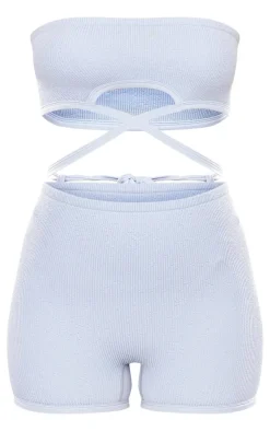 Tall Charcoal Blue Mid Tie Waist Detail Snatched Rib Romper