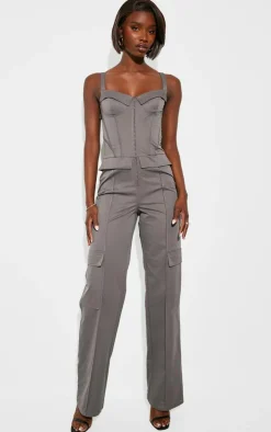 Tall Charcoal Corset Detailed Wide Leg Jumpsuit