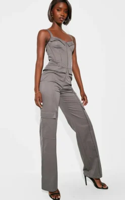 Tall Charcoal Corset Detailed Wide Leg Jumpsuit