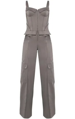 Tall Charcoal Corset Detailed Wide Leg Jumpsuit