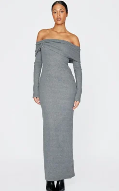 Tall Charcoal Heavy Brushed Rib Bardot Trim Maxi Dress