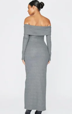Tall Charcoal Heavy Brushed Rib Bardot Trim Maxi Dress