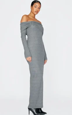 Tall Charcoal Heavy Brushed Rib Bardot Trim Maxi Dress