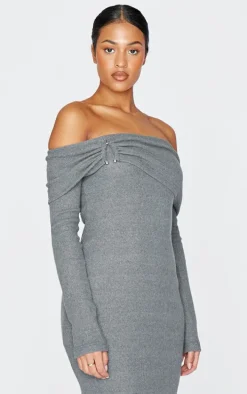 Tall Charcoal Heavy Brushed Rib Bardot Trim Maxi Dress