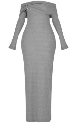 Tall Charcoal Heavy Brushed Rib Bardot Trim Maxi Dress