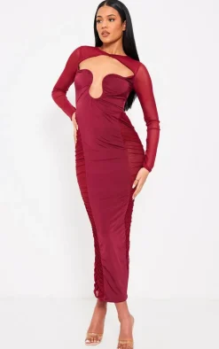 Tall Cherry Red Cut Out Detail Mesh Ruched Midaxi Dress