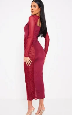 Tall Cherry Red Cut Out Detail Mesh Ruched Midaxi Dress