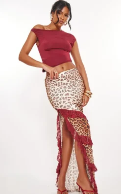 Tall Cherry Red Leopard Print Lined Mesh Thigh Split Lace Trim Maxi Skirt