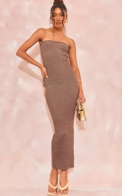 Tall Chocolate Brown Marl Knit Bandeau Midaxi Dress