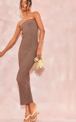 Tall Chocolate Brown Marl Knit Bandeau Midaxi Dress