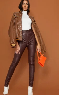 Tall Chocolate Button Up Faux Leather Skinny Pants