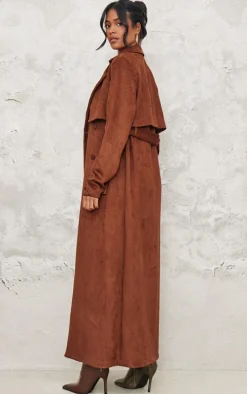 Tall Chocolate Faux Suede Belted Maxi Trench Coat