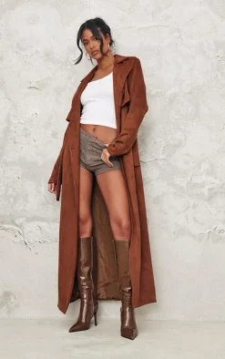 Tall Chocolate Faux Suede Belted Maxi Trench Coat