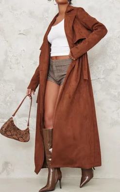 Tall Chocolate Faux Suede Belted Maxi Trench Coat