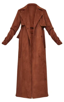 Tall Chocolate Faux Suede Belted Maxi Trench Coat