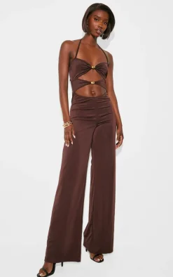 Tall Chocolate Halterneck Cut Out Trim Detail Jumpsuit