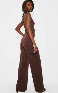 Tall Chocolate Halterneck Cut Out Trim Detail Jumpsuit