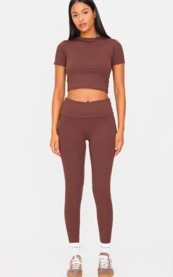 Tall Chocolate High Waisted Fold Over Detail Leggings