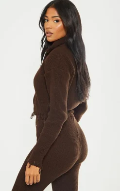 Tall Chocolate Knitted Distressed Cardigan
